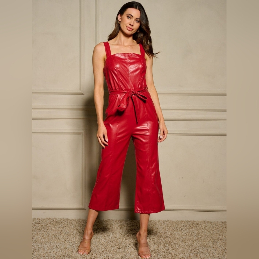 Available True To You Faux Leather Wide-leg Cropped Jumpsuit Red S,M,L